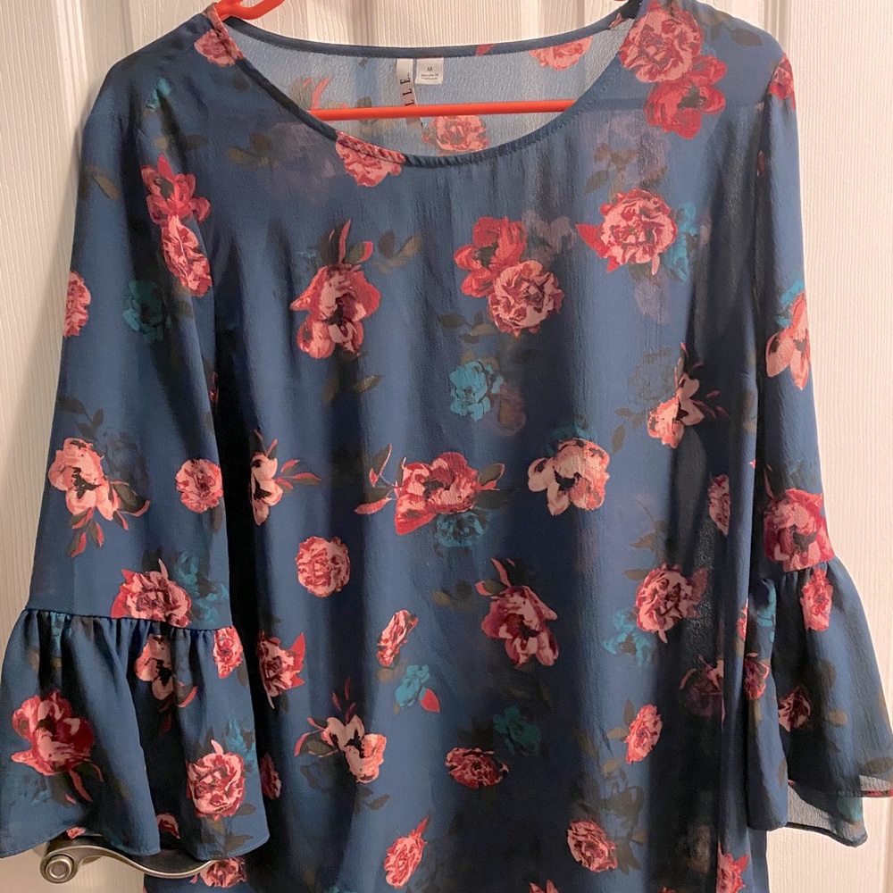 Teal blue blouse with pink roses